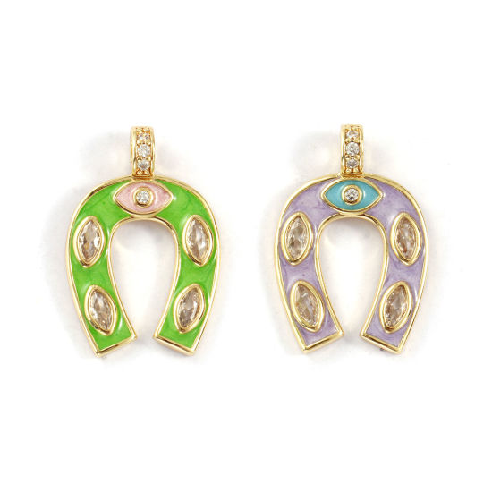Изображение Eco-friendly Brass West Cowboy Charms 18K Real Gold Plated Enamel Luck Horseshoe Micro Pave Clear Cubic Zirconia 26mm x 18mm