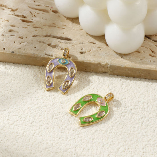 Изображение Eco-friendly Brass West Cowboy Charms 18K Real Gold Plated Enamel Luck Horseshoe Micro Pave Clear Cubic Zirconia 26mm x 18mm