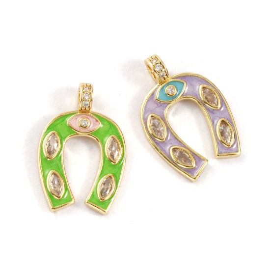 Изображение Eco-friendly Brass West Cowboy Charms 18K Real Gold Plated Enamel Luck Horseshoe Micro Pave Clear Cubic Zirconia 26mm x 18mm