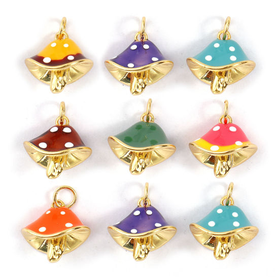 Immagine di Eco-friendly Brass Charms 18K Real Gold Plated Enamel Mushroom Spot 3D 18mm x 14.5mm
