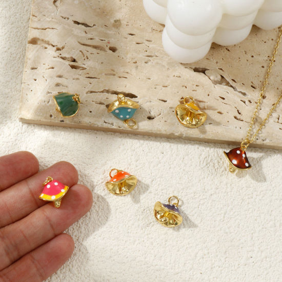 Immagine di Eco-friendly Brass Charms 18K Real Gold Plated Enamel Mushroom Spot 3D 18mm x 14.5mm