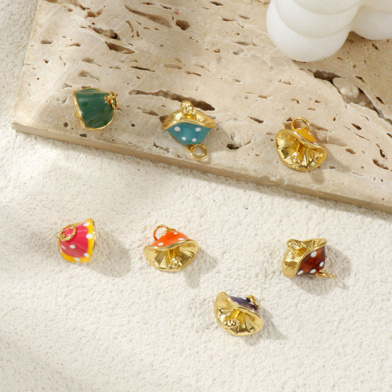 Immagine di Eco-friendly Brass Charms 18K Real Gold Plated Enamel Mushroom Spot 3D 18mm x 14.5mm