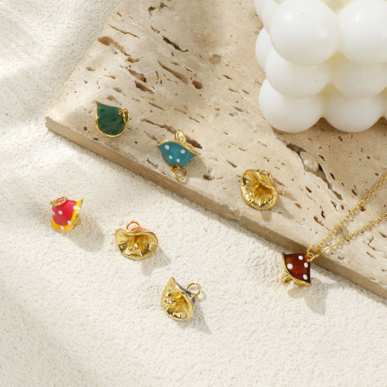 Immagine di Eco-friendly Brass Charms 18K Real Gold Plated Enamel Mushroom Spot 3D 18mm x 14.5mm