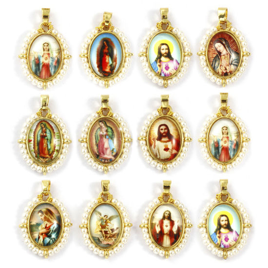 Immagine di Brass & Acrylic Religious Pendants 18K Gold Plated Multicolor Oval 3.3cm x 2.2cm