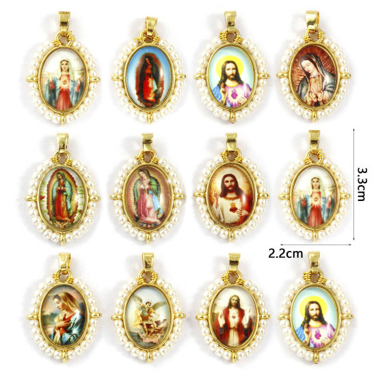Immagine di Brass & Acrylic Religious Pendants 18K Gold Plated Multicolor Oval 3.3cm x 2.2cm