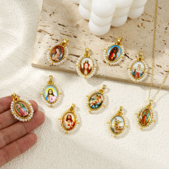 Immagine di Brass & Acrylic Religious Pendants 18K Gold Plated Multicolor Oval 3.3cm x 2.2cm