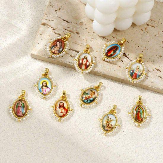 Immagine di Brass & Acrylic Religious Pendants 18K Gold Plated Multicolor Oval 3.3cm x 2.2cm