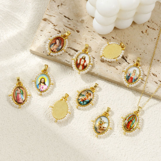 Immagine di Brass & Acrylic Religious Pendants 18K Gold Plated Multicolor Oval 3.3cm x 2.2cm