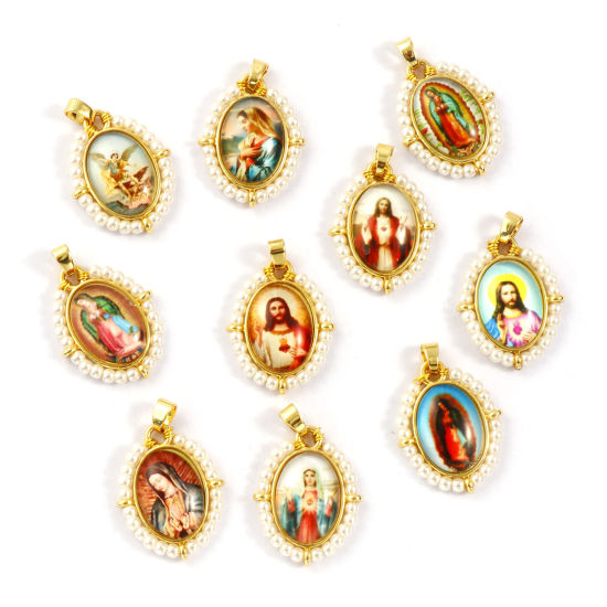 Immagine di Brass & Acrylic Religious Pendants 18K Gold Plated Multicolor Oval 3.3cm x 2.2cm