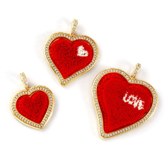Immagine di 1 Pz Ecologico Ottone & Poliestere San Valentino Ciondoli Pendenti 18K Vero Oro Placcato Rosso Cuore Micro Spianare Trasparente Cubic Zirconiae