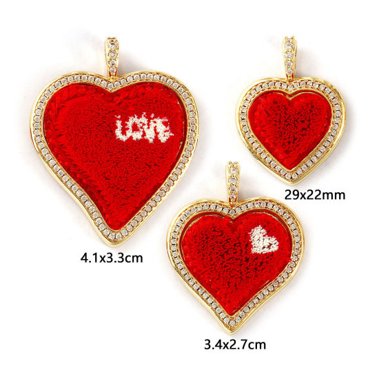 Immagine di 1 Pz Ecologico Ottone & Poliestere San Valentino Ciondoli Pendenti 18K Vero Oro Placcato Rosso Cuore Micro Spianare Trasparente Cubic Zirconiae