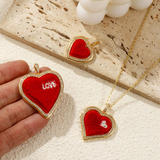 Immagine di 1 Pz Ecologico Ottone & Poliestere San Valentino Ciondoli Pendenti 18K Vero Oro Placcato Rosso Cuore Micro Spianare Trasparente Cubic Zirconiae