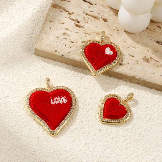 Immagine di 1 Pz Ecologico Ottone & Poliestere San Valentino Ciondoli Pendenti 18K Vero Oro Placcato Rosso Cuore Micro Spianare Trasparente Cubic Zirconiae
