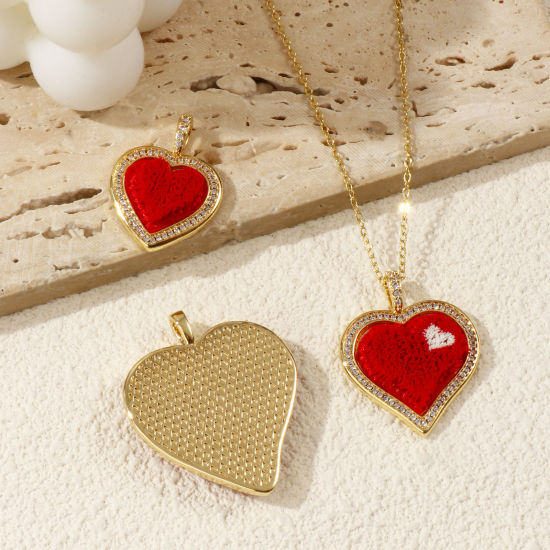 Immagine di 1 Pz Ecologico Ottone & Poliestere San Valentino Ciondoli Pendenti 18K Vero Oro Placcato Rosso Cuore Micro Spianare Trasparente Cubic Zirconiae