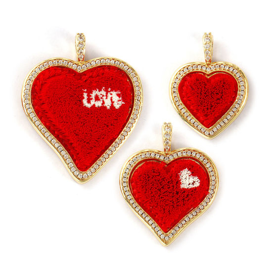 Immagine di 1 Pz Ecologico Ottone & Poliestere San Valentino Ciondoli Pendenti 18K Vero Oro Placcato Rosso Cuore Micro Spianare Trasparente Cubic Zirconiae