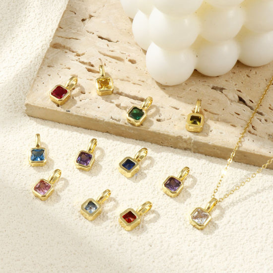 1 個 エコフレンドリー 真鍮+ジルコン 誕生石 チャーム 18Kリアルゴールドメッキ 正方形 15.5mm x 7.5mm、 の画像