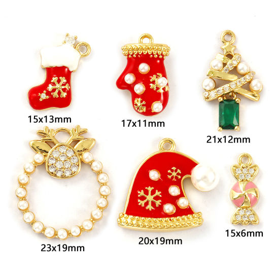 Immagine di Brass Christmas Charms 18K Gold Plated Enamel Acrylic Imitation Pearl Clear Cubic Zirconia