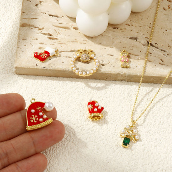 Immagine di Brass Christmas Charms 18K Gold Plated Enamel Acrylic Imitation Pearl Clear Cubic Zirconia