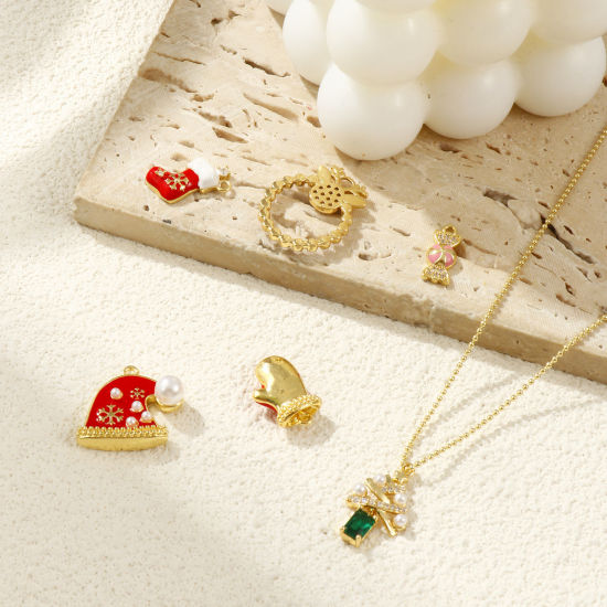 Immagine di Brass Christmas Charms 18K Gold Plated Enamel Acrylic Imitation Pearl Clear Cubic Zirconia