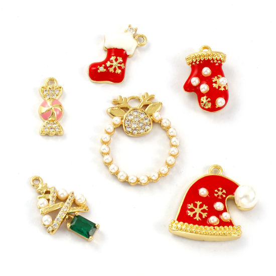 Immagine di Brass Christmas Charms 18K Gold Plated Enamel Acrylic Imitation Pearl Clear Cubic Zirconia