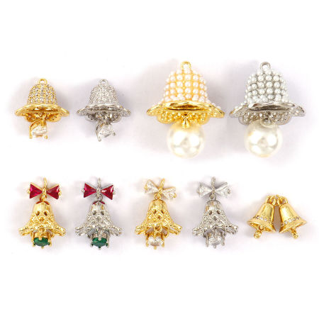 Brass & Cubic Zirconia 3D Charms Multicolor Christmas Jingle Bell Imitation Pearl