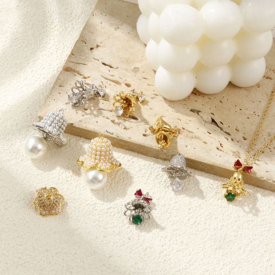 Bild von Brass & Cubic Zirconia 3D Charms Multicolor Christmas Jingle Bell Imitation Pearl