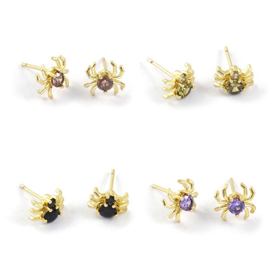 Bild von Stylish Exquisite 18K Gold Plated Brass & Cubic Zirconia Halloween Spider Animal Ear Post Stud Earrings For Women Gift