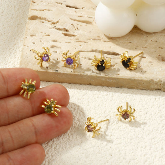 Bild von Stylish Exquisite 18K Gold Plated Brass & Cubic Zirconia Halloween Spider Animal Ear Post Stud Earrings For Women Gift