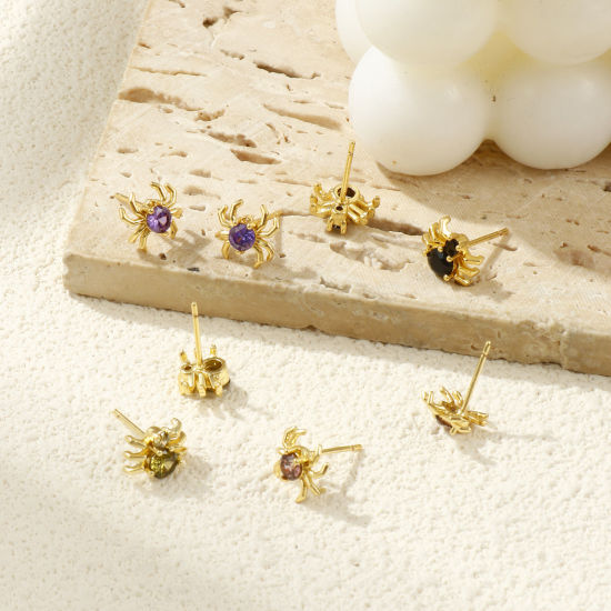 Bild von Stylish Exquisite 18K Gold Plated Brass & Cubic Zirconia Halloween Spider Animal Ear Post Stud Earrings For Women Gift