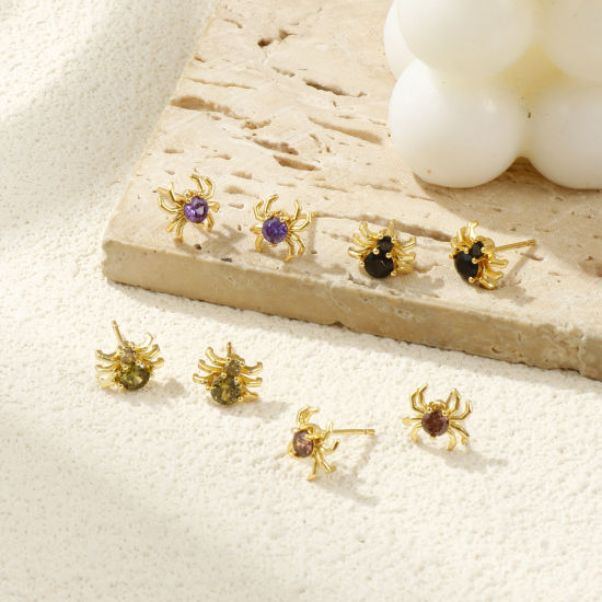 Bild von Stylish Exquisite 18K Gold Plated Brass & Cubic Zirconia Halloween Spider Animal Ear Post Stud Earrings For Women Gift
