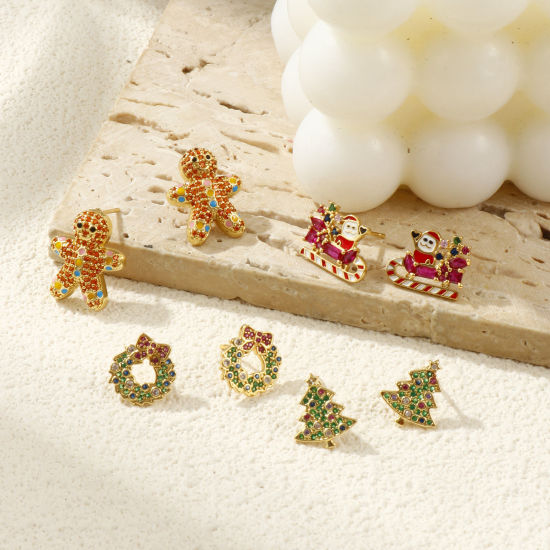 Picture of Sweet & Cute Exquisite 18K Gold Plated Brass & Cubic Zirconia Christmas Ear Post Stud Earrings For Women Gift