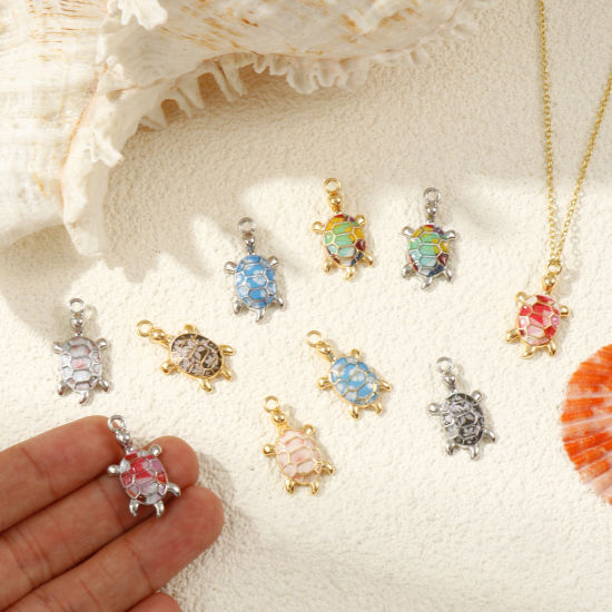 Bild von 2 PCs Eco-friendly Brass Ocean Jewelry Charms Real Gold Plated Tortoise Animal Printed 24mm x 13mm