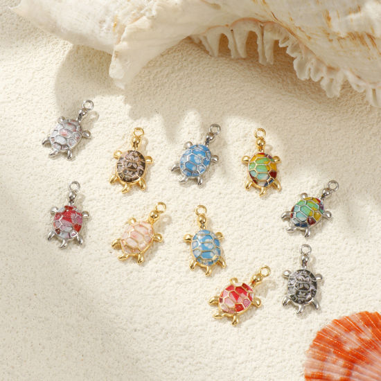 Bild von 2 PCs Eco-friendly Brass Ocean Jewelry Charms Real Gold Plated Tortoise Animal Printed 24mm x 13mm