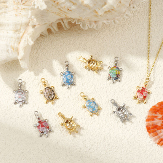 Bild von 2 PCs Eco-friendly Brass Ocean Jewelry Charms Real Gold Plated Tortoise Animal Printed 24mm x 13mm
