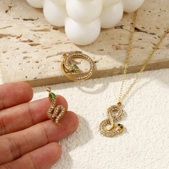 Immagine di 1 Pz Placcatura Sottovuoto PVD Ecologica 304 Acciaio Inossidabile Ciondoli Placcato Oro 18K Serpente Trasparente & Verde Strass