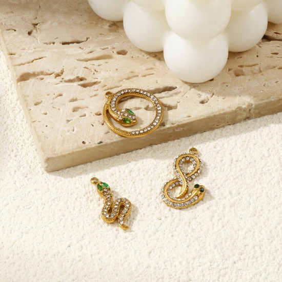 Immagine di 1 Pz Placcatura Sottovuoto PVD Ecologica 304 Acciaio Inossidabile Ciondoli Placcato Oro 18K Serpente Trasparente & Verde Strass