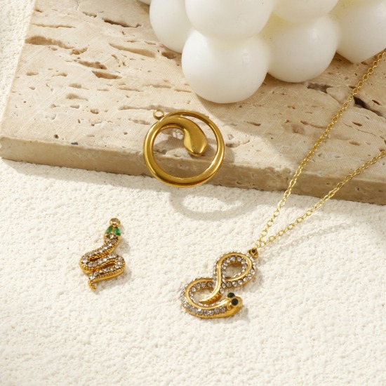Immagine di 1 Pz Placcatura Sottovuoto PVD Ecologica 304 Acciaio Inossidabile Ciondoli Placcato Oro 18K Serpente Trasparente & Verde Strass