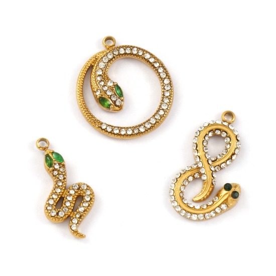 Immagine di 1 Pz Placcatura Sottovuoto PVD Ecologica 304 Acciaio Inossidabile Ciondoli Placcato Oro 18K Serpente Trasparente & Verde Strass