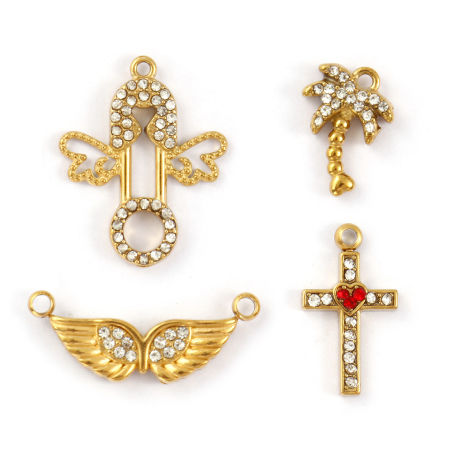 Picture of Eco-friendly PVD Vacuum Plating 304 Stainless Steel & Rhinestone Charms 18K Gold Plated