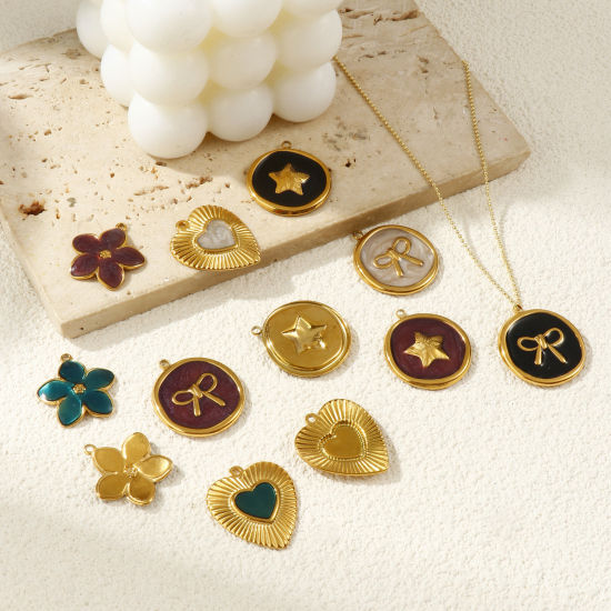 2 個 エコフレンドリー PVD真空メッキ 304ステンレス鋼 チャーム 18Kリアルゴールドメッキ エナメル の画像