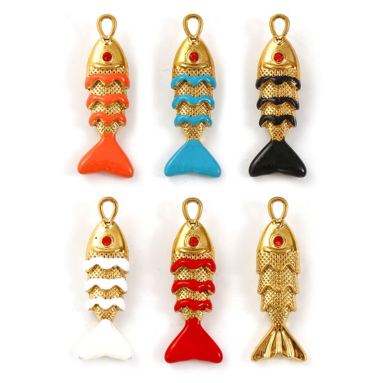 Immagine di 2 Pz Placcatura Sottovuoto PVD Ecologica 304 Acciaio Inossidabile Gioielli Oceanici Ciondoli 18K Vero Oro Placcato Smalto Pesce 3D Arancione-Rosso Strass