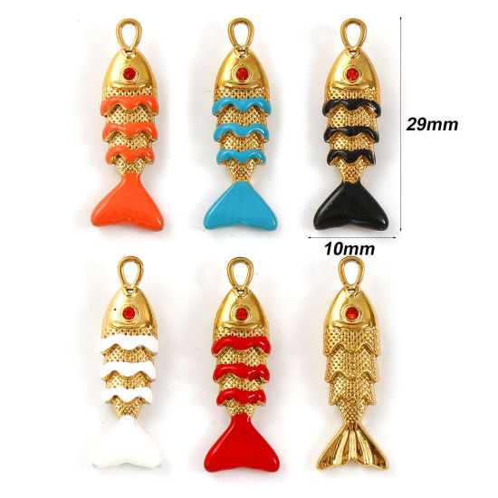 Immagine di 2 Pz Placcatura Sottovuoto PVD Ecologica 304 Acciaio Inossidabile Gioielli Oceanici Ciondoli 18K Vero Oro Placcato Smalto Pesce 3D Arancione-Rosso Strass