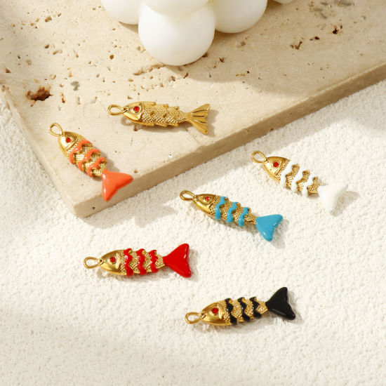 Immagine di 2 Pz Placcatura Sottovuoto PVD Ecologica 304 Acciaio Inossidabile Gioielli Oceanici Ciondoli 18K Vero Oro Placcato Smalto Pesce 3D Arancione-Rosso Strass