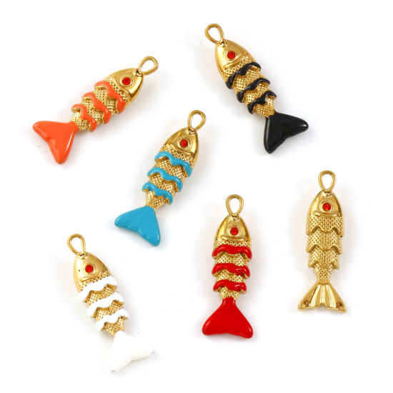 Immagine di 2 Pz Placcatura Sottovuoto PVD Ecologica 304 Acciaio Inossidabile Gioielli Oceanici Ciondoli 18K Vero Oro Placcato Smalto Pesce 3D Arancione-Rosso Strass