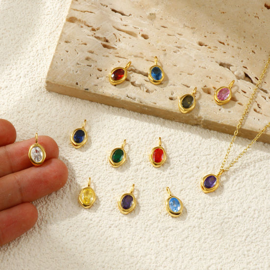 Bild von Sterling Silber & Zirkonia Monatsstein Charms 18K Vergoldet Oval 15mm x 8mm