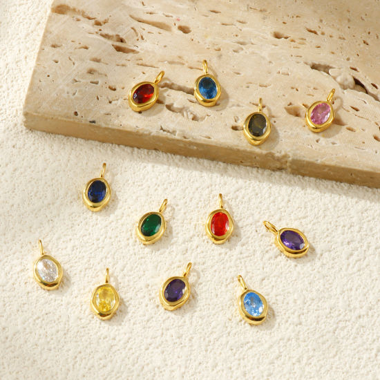 Bild von Sterling Silber & Zirkonia Monatsstein Charms 18K Vergoldet Oval 15mm x 8mm