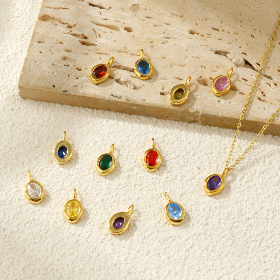 Bild von Sterling Silber & Zirkonia Monatsstein Charms 18K Vergoldet Oval 15mm x 8mm