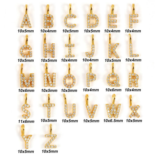 Picture of Sterling Silver Capital Alphabet Initial Letter Name Charms 18K Gold Plated Message " A-Z " Micro Pave
