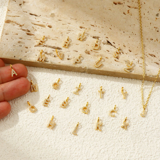 Picture of Sterling Silver Capital Alphabet Initial Letter Name Charms 18K Gold Plated Message " A-Z " Micro Pave