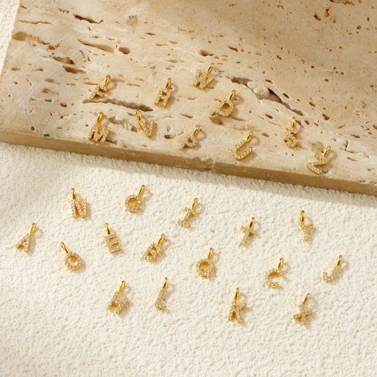 Picture of Sterling Silver Capital Alphabet Initial Letter Name Charms 18K Gold Plated Message " A-Z " Micro Pave